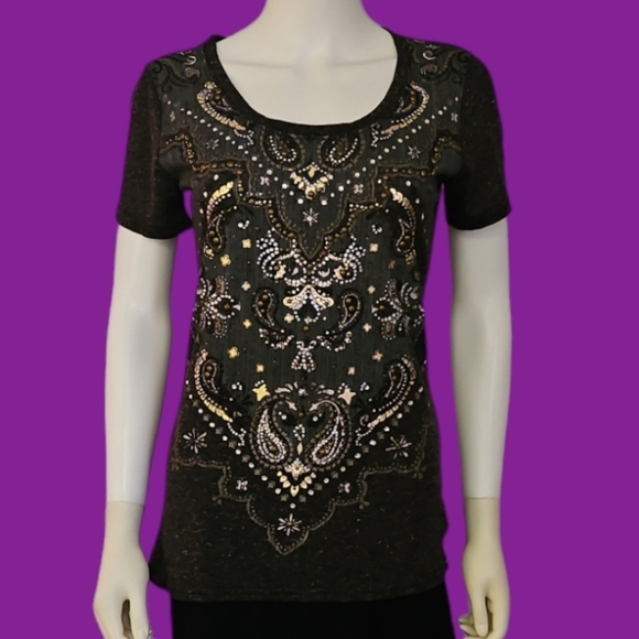 MISS ME Black Floral Paisley Bedazzled Metallic Mesh Short Sleeve Goth Tee - Picture 1 of 8